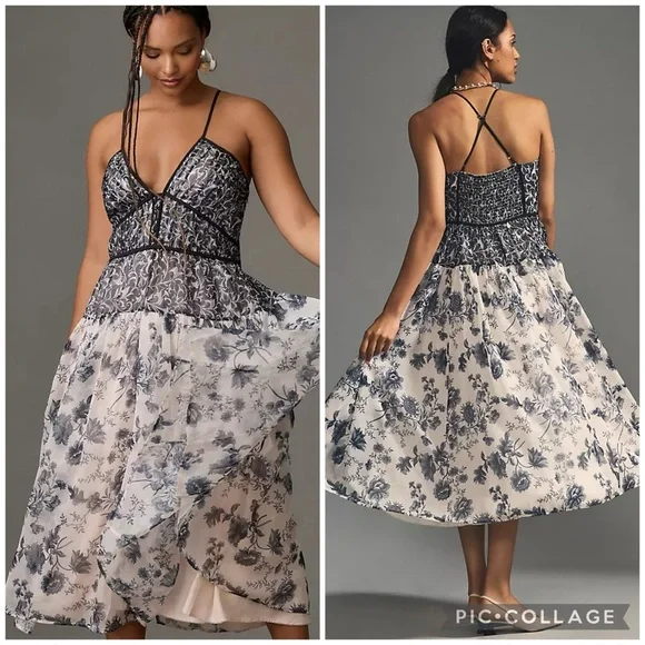 Anthropologie Halter Dress Black White V Neck Medium Midi NWT - Picture 4 of 16